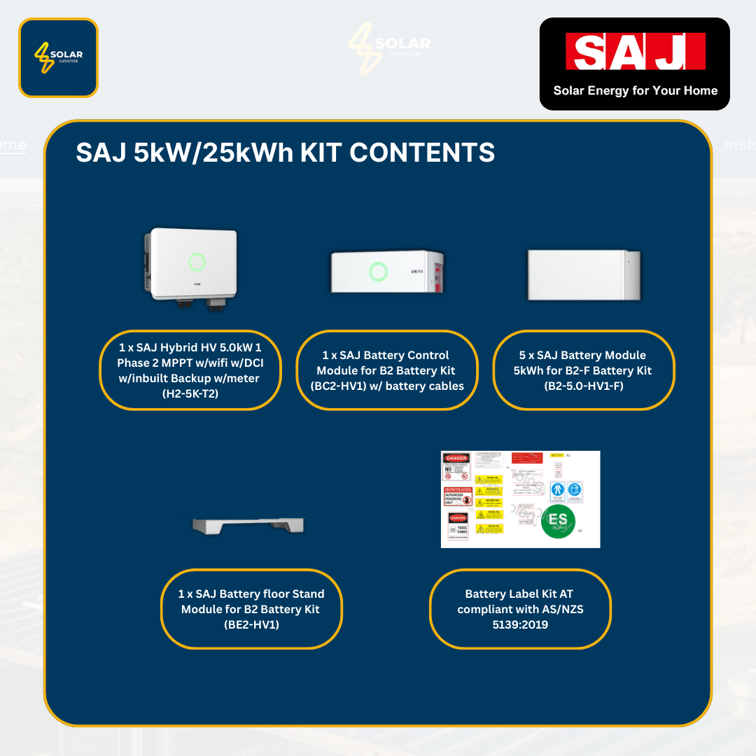 SAJ Hybrid Solar Battery Kit – 5kW Inverter (H2-5K-T2) + 25kWh Battery (B2-25.0-HV1)