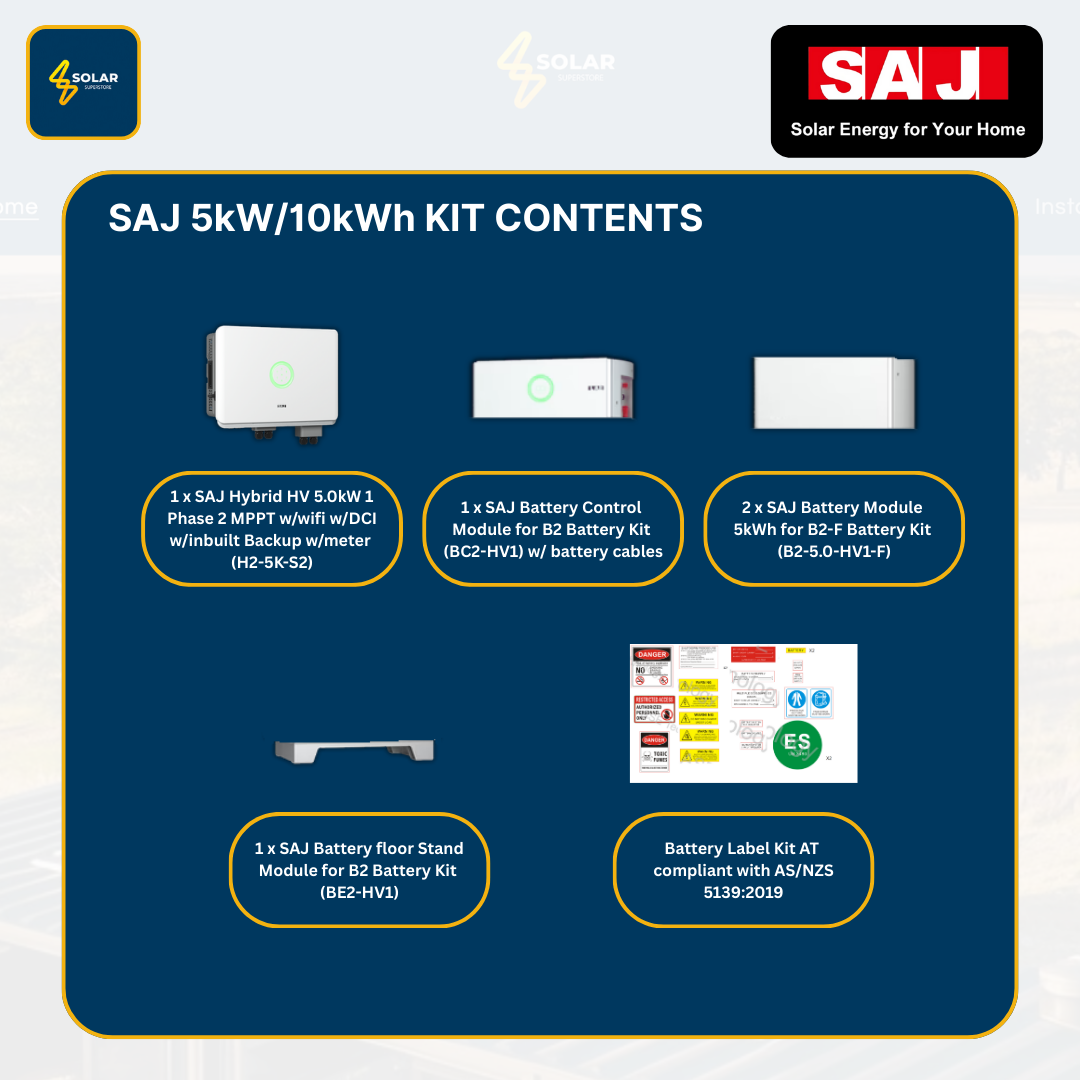 SAJ Hybrid Solar Battery Kit – 5kW Inverter (H2-5K-S2) + 10kWh Battery (B2-10.0-HV1)