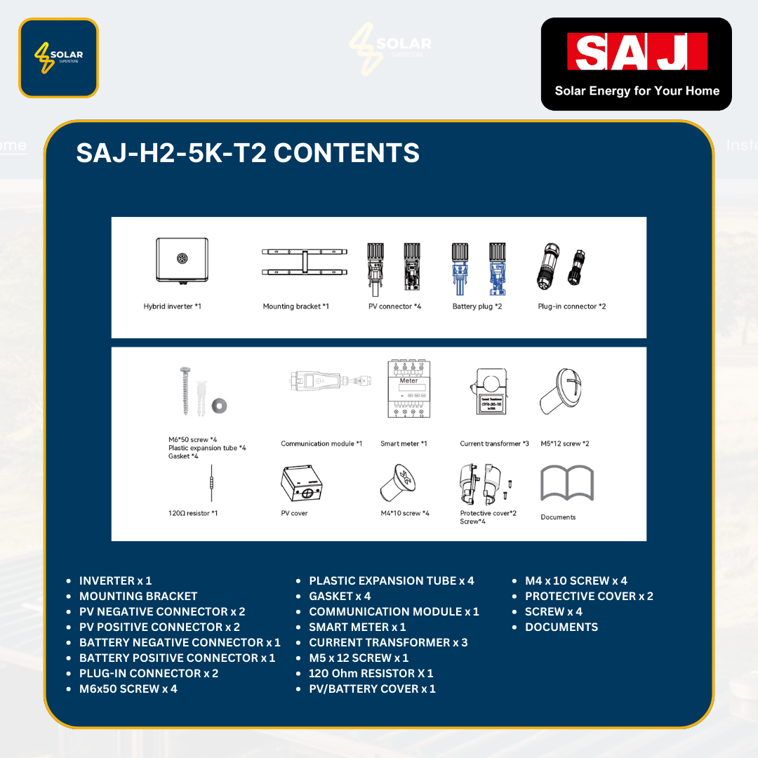SAJ Hybrid Solar Battery Kit – 5kW Inverter (H2-5K-T2) + 25kWh Battery (B2-25.0-HV1)