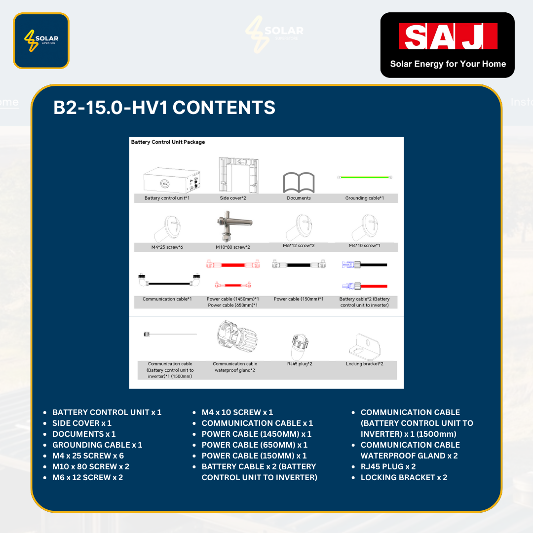 SAJ Hybrid Solar Battery Kit – 5kW Inverter (H2-5K-S2) + 15kWh Battery (B2-15.0-HV1)
