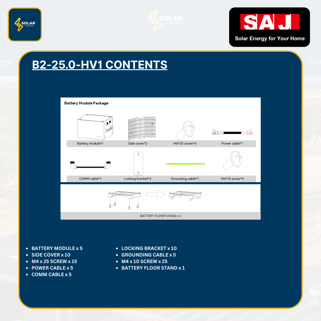 SAJ Hybrid Solar Battery Kit – 5kW Inverter (H2-5K-T2) + 25kWh Battery (B2-25.0-HV1)
