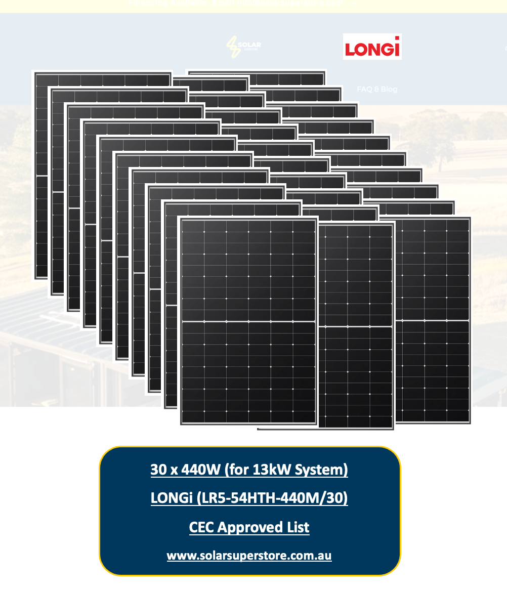 13kw LONGi Solar Panel Kit for Home (30 x 440W LR5-54HTH) CEC Approved